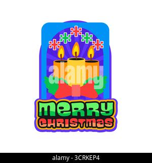 Frohe Weihnachtskerze Y2K grooviger Aufkleber oder Symbol. Happy New Year festlicher funky Patch, Winterurlaub Retro Y2K Vektor-Label. Vintage-Sticker mit farbenfroher Typografie und brennenden Kerzen Stock Vektor
