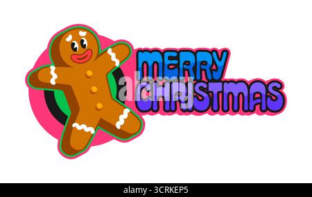Frohe Weihnachten Y2K grooviger Aufkleber oder Retro-Tag. Frohe Weihnachten funky Aufkleber, Weihnachten groovy Y2K Vektor-Etikett. Neujahrsfeier mit Lebkuchenkeks-Mann und farbenfroher Typografie Stock Vektor