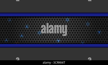 Abstrakter dunkler Hintergrund mit sechseckigem Gitter, glühend blauen Lichtern und modernem Tech-Design, Vektorillustration Stock Vektor