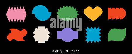 Farbenfrohe Kollektion mit abstrakter Stickerform. Set mit Randelementen im Retro-Pop-Art-Stil. Grooviges geometrisches Rahmenpaket für Patch, Abzeichen, Tag, Etikett, Banner, Poster, Schild. Vektor verschiedene Ticket-Bundle Stock Vektor