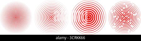 Roter radialer konzentrischer Kreis. Erfassung von Schallwellensignalen. Gekräuselte, gestrichelte und gepunktete Ringe für Epizentrum, Ziel, Radar und Erdbeben-Schockwellen-Symbole. Vektorausdehnende Vibrationselemente Stock Vektor