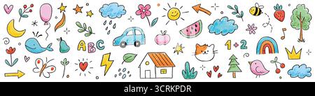 Kid Buntstift Zeichnung Hand gezeichnet netter kindlicher Hintergrund. Buntstift-Streich Kritzelblume, Zeichentricksonne, Regenbogenstrickelemente. Kinderstil süßer Stern, Baum, Herzformen. Vektorabbildung Stock Vektor