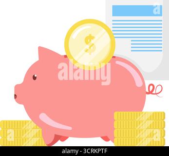 Geld sparen. Münzen werden in die Schweinebank gelegt Stock Vektor