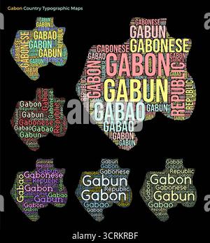 Gabun. Satz typografischer Länderabbildungen. Gabun Kartenform aus horizontalen und vertikalen Ländernamen. Vektorabbildung. Stock Vektor