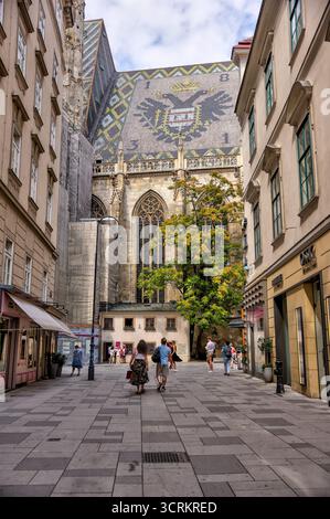 Außenansicht des Stephansdoms mit gotischem Mauerwerk und Dachziegeln in Wien, Österreich. Stockfoto