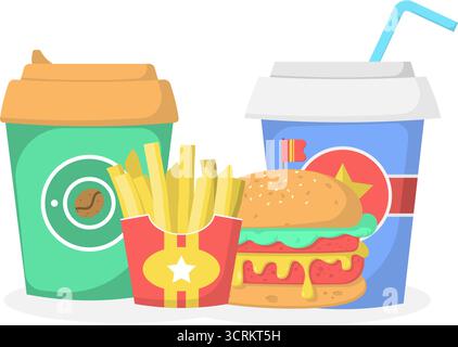 Abbildung von Fast Food-Paketen, Kaffeetassen und Limonaden, Hamburger und Pommes Frites Stock Vektor