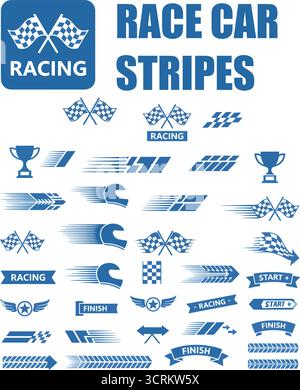 Set aus Rennwagen und Streifen: Karierte Fahnen, Ziellinien und Motocross-Aufkleber Vector Collection Stock Vektor