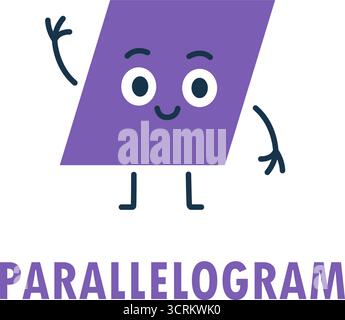 Lilafarbenes Cartoon-Parallelogramm mit Gesicht, Armen und Beinen. Niedliche geometrische Figuren für Mathematik, Poster und Vorschulkinder Stock Vektor