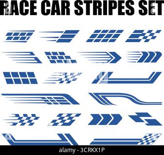 Set aus Rennwagen und Streifen: Karierte Fahnen, Ziellinien und Motocross-Aufkleber Vector Collection Stock Vektor