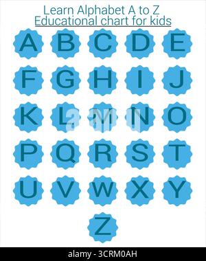 Lerne Alphabet A bis Z – Blauer pädagogischer Kartenvektor für Kinder. Ideal für Poster, Karteikarten, Arbeitsblätter, Wandbilder und Lehrmaterial Stock Vektor