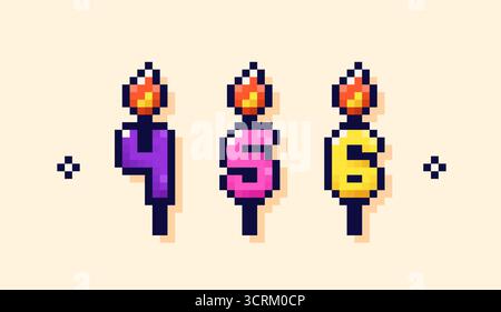 Pixel Art Geburtstagskuchen. Zahlen von 4 bis 6. Stock Vektor