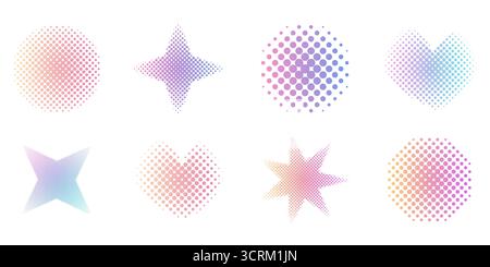 Trendige y2k-Dekoration mit Herz-, Kreis- und Sternenmuster im Halbton. Farbverlauf, Retro-Pixel, Korneffekt. Gepunktete Herzen im Pop-Art-Stil, isoliert auf weiß. Vektorabbildung Stock Vektor