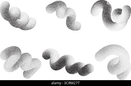 Verlaufende Stippelformen. Wellenförmige 3D-Vektorlinien. Lautes, flüssiges Grafikdesign. Wirbeln Sie körnige gepunktete Spiralen auf weißem Hintergrund. Sandgedrehtes texturiertes Set Stock Vektor