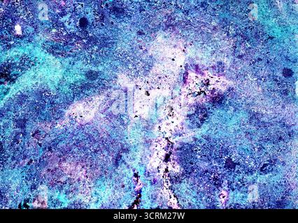 Strukturierter abstrakter Hintergrund. Verschiedene Blau-, Lila- und Weißtöne. Chaotische Flecken im Hintergrund. Viele kleine Punkte. Rauschstruktur Stockfoto