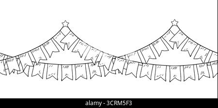 Flaggengirlande, Skizze. Vektorabbildung. Festliche Girlande, nahtlose horizontale Grenze, isoliert auf weißem Hintergrund. Thema Neujahr, Weihnachten, BI Stock Vektor