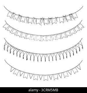 Girlande aus Flaggen verschiedener Formen, Schwarzweiß-Skizze. Vektorabbildung. Festliche Girlande, Silhouetten, isoliert auf weißem Hintergrund Stock Vektor