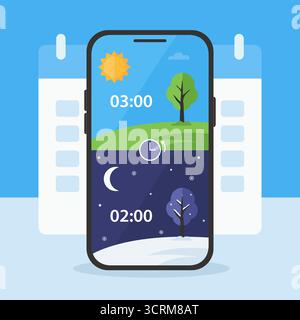 Vektorabbildung eines Smartphone-Bildschirms, der den Übergang zwischen Sommer- und Winterzeit mit Tag- und Nachtszenen zeigt, die Tageslicht symbolisieren Stock Vektor