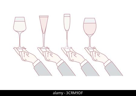 Hände mit verschiedenen Gläsern und alkoholischen Getränken. Sommelier verkostet Alkohol. Party oder Feier. Getränke an der Bar. Flache Vektorgrafik. Stock Vektor