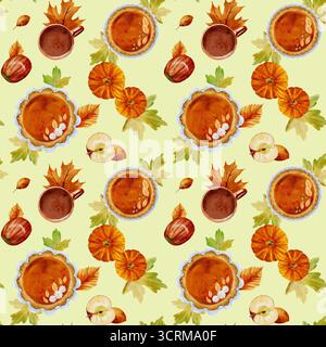 Nahtlose Aquarellzeichnung eines Kürbiskuchen mit Teigdekorationen, einem orangen Kürbis, Blättern und einer Tasse Getränk auf hellgrünem Hintergrund Stockfoto
