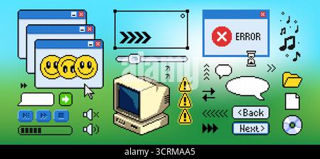 Design-Elemente für Computersoftware im Retro-Stil auf Desktop-Hintergrund. Vektorillustration von Pixel-Cursor, Sprechblase, Fehlermeldung, Chat mit Emoji, Soundleiste, Ordner-, Datei- und Pfeilsymbole Stock Vektor