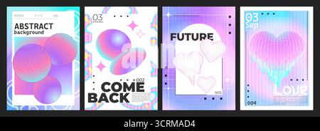 Abstrakte y2k-Posterdesigns mit Farbkugeln, Drahtmodellherzen und holografischen Elementen für futuristische Retro-Layouts. Rosafarbene, blaue und lila Hintergründe mit geometrischen Formen und Rastermustern Stock Vektor