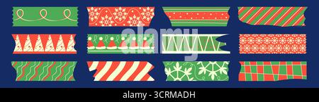 Festliches weihnachtliches Washi-Klebeband mit Weihnachtsmustern – Schneeflocken, Bäume und geometrische Muster in Rot und Grün. Dekorative Klebestreifen mit saisonalen Motiven für Bastelarbeiten und Geschenkverpackungen. Stock Vektor