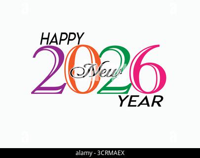 Happy New Year 2026 Typografie – bunte moderne Grußkarte, stilvolles 2026 Feiertags-Text-Design, festlicher Feiertagshintergrund für Neujahrswünsche Stock Vektor