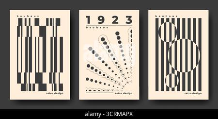 Bauhaus-Retro-Plakate mit schwarzen geometrischen Mustern auf beigefarbenem Hintergrund - abstrakte Linien, Kreise und Punkte in modernistischen Kompositionen. Minimalistische Überzüge, die von der Ästhetik der Schule 1923 inspiriert wurden Stock Vektor