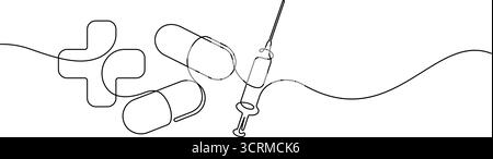 Medizinische Medizin Medizin und pharmazeutisches Konzept eine Linie Zeichnung kontinuierlicher Minimalismus dekorative Kunst. Medizinische Kreuzkapseln und Spritzenimpfungen Stock Vektor