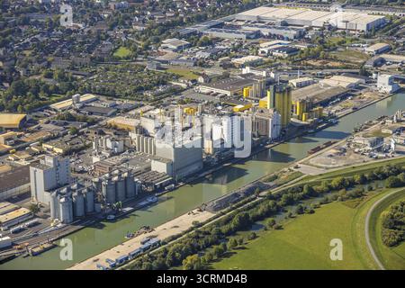 Luftaufnahme, Hafengebiet, Broekelmann und Co. Ölmühle im Hafen am Datteln-Hamm-Kanal, Bockum-Hoevel, Hamm, Ruhrgebiet, Nordrhein-Westfal Stockfoto