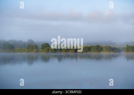 Morgennebel über einem See in Bretagne, Frankreich Stockfoto