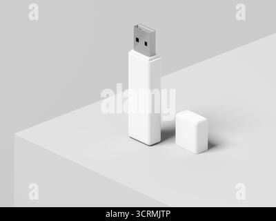 Pendrive. Isoliert auf weißem Hintergrund. USB-Flash-Laufwerk. Datenspeichergerät. Stiftantrieb. Ausstellungsständer. Modell. Leer. 3D-Abbildung. Stockfoto
