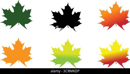 Bunte Ahornblätter Vektor-Set | Herbstfallblatt-Symbole in Grün, Schwarz, Rot, Orange, Gelb | Dekorative saisonale Elemente für Design, Natur Stock Vektor