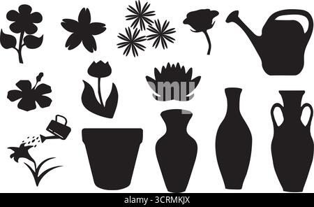 Blume Silhouetten & Vase Clipart | Schwarze Gartensymbole, Pflanzentöpfe, Gießkanne Vektor, Blumendesign-Elemente, Dekorative Kunst, Heimwerkerarbeit Stock Vektor