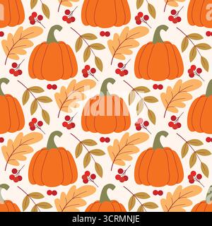 Nahtloser Herbst-Hintergrund mit Kürbissen, Blättern und Beeren. Kuscheliges Herbstmuster. Farbenfroher, warmer, atmosphärischer Druck für Textilien, Verpackungen und Papiere Stock Vektor