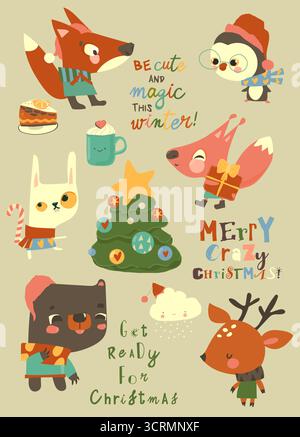 Niedliches Weihnachtsset mit Zeichentrick und Tieren und Elementen Stock Vektor
