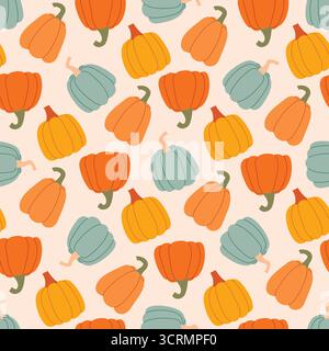 Herbstmuster mit bunten Kürbissen. Nahtloser Hintergrund des Kürbis im Herbst. Kuscheliges, atmosphärisches Muster und Vektorgrafik Stock Vektor