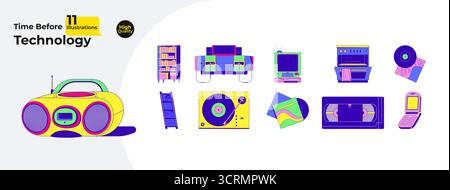 Retro-Technologie und Vintage-Entertainment-Zeichentrickgrafiken Mega-Paket Stock Vektor