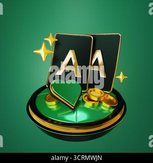 3D-Symbole des Casino-Konzepts mit der Pokerkarte mit Buchstabe A und Herzanzug, die stolz auf einem Podium steht. Stockfoto