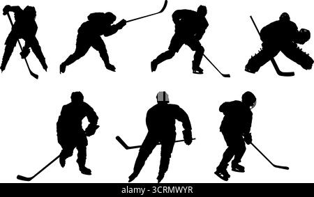 Set aus drei Silhouetten von Eishockeyspielern Stock Vektor