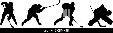 Set aus drei Silhouetten von Eishockeyspielern Stock Vektor