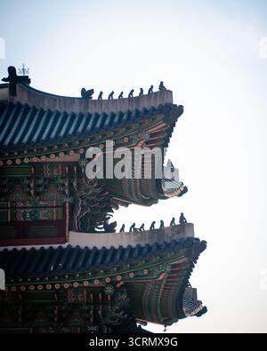 Die rechte Hälfte des Gyeongbokgung-Palastes wird an einem sonnigen Tag hinterleuchtet und zeigt scharfe Kanten und traditionelle koreanische Architektur vor einem blauen Himmel. Stockfoto