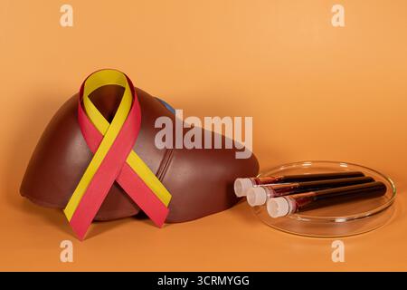 Menschliches Lebermodell, rotes und gelbes Band und Bluttests. Der Welttag der Hepatitis. Stockfoto
