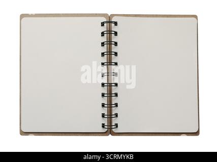 Geöffnetes spiralförmiges Notizbuch isoliert auf transparentem Hintergrund. Leeres Tagebuch, Planer. Schreiben, Notizen, Schulkonzept oder Organisationskonzept, Grafik ausschneiden Stockfoto