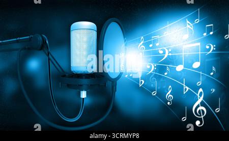 Mikrofon mit Musiknotizen auf abstraktem blauem Hintergrund. 3D-Abbildung Stockfoto