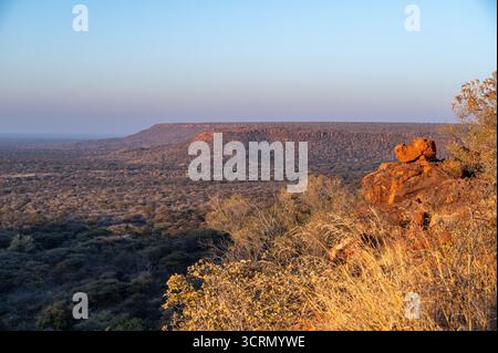 Panoramablick vom Waterberg Plateau über die weite Buschebene mit roten Sandsteinblöcken im goldenen Stundenlicht, Namibia, das südliche Afrika Stockfoto