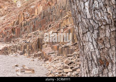 Dramatische Nahaufnahme des säulenförmigen Doleritbasaltes an den Orgelpfeifen, mit alten vertikalen Bruchmustern, Twyfelfontein, Damaraland, Namibia. Stockfoto
