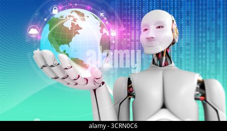 Roboterfrauen, die futuristische Erdwelt auf abstraktem digitalem Hintergrund halten. 3D-Abbildung Stockfoto