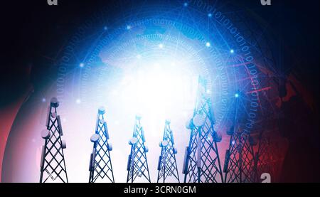 Telekommunikationstürme auf abstraktem Welthintergrund. 3D-Abbildung Stockfoto