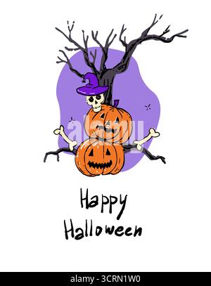 Halloween-Grußkarte mit einem tanzenden Skelett, fröhlichen Fledermäusen, Spinnweben und der handgeschriebenen Botschaft Happy Halloween. Diese festliche Komposition Stock Vektor